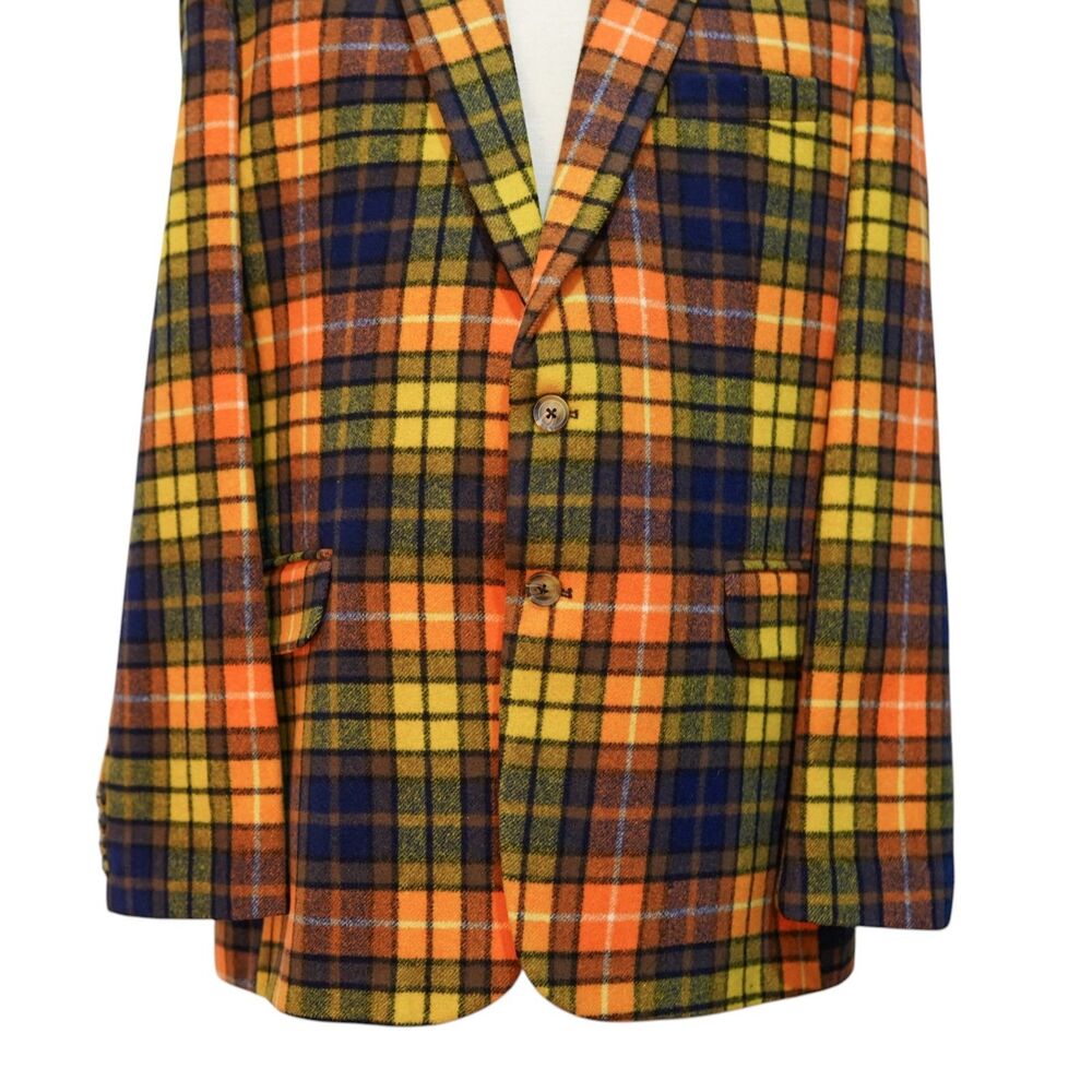 Mens Wool Sport Coat 44R Orange Yellow Blue Plaid Blazer 2 Button Wedding Formal - Picture 5 of 8